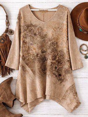 Embellished Boho Tunic Top XXL Beige Floral Asymmetrical Lagenlook